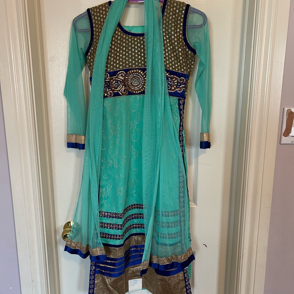 Elegant Teal and Gold Girls Desi outfit